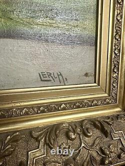 Large Oil on Canvas Signed Lerch Old Canvas and Frame Pond Nature