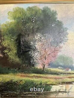 Large Oil on Canvas Signed Lerch Old Canvas and Frame Pond Nature