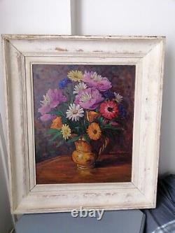 Large Old Oil Painting On Still Life Panel Flower Bouquet Signed