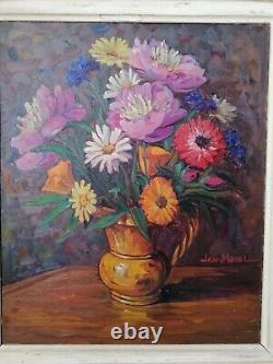 Large Old Oil Painting On Still Life Panel Flower Bouquet Signed