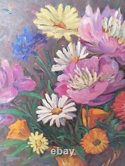 Large Old Oil Painting On Still Life Panel Flower Bouquet Signed