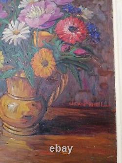 Large Old Oil Painting On Still Life Panel Flower Bouquet Signed