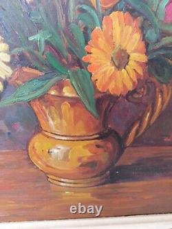 Large Old Oil Painting On Still Life Panel Flower Bouquet Signed