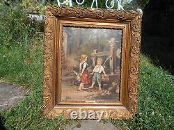 Large ancient oil painting / canvas of children by a well fountain signed Doria in a golden frame