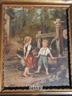 Large ancient oil painting / canvas of children by a well fountain signed Doria in a golden frame