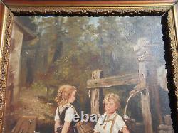 Large ancient oil painting / canvas of children by a well fountain signed Doria in a golden frame