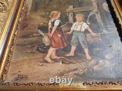 Large ancient oil painting / canvas of children by a well fountain signed Doria in a golden frame