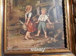 Large ancient oil painting / canvas of children by a well fountain signed Doria in a golden frame