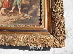 Large ancient oil painting / canvas of children by a well fountain signed Doria in a golden frame