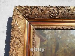 Large ancient oil painting / canvas of children by a well fountain signed Doria in a golden frame