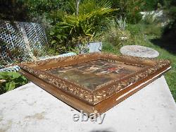 Large ancient oil painting / canvas of children by a well fountain signed Doria in a golden frame