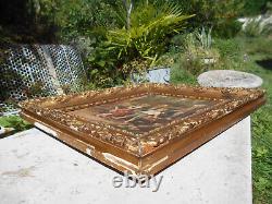 Large ancient oil painting / canvas of children by a well fountain signed Doria in a golden frame