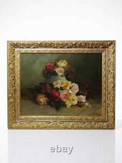 Large antique oil on canvas painting, bouquet of roses, signed, circa 1890-1910