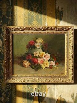 Large antique oil on canvas painting, bouquet of roses, signed, circa 1890-1910