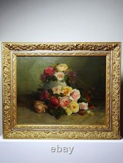 Large antique oil on canvas painting, bouquet of roses, signed, circa 1890-1910