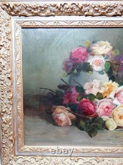 Large antique oil on canvas painting, bouquet of roses, signed, circa 1890-1910