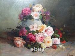Large antique oil on canvas painting, bouquet of roses, signed, circa 1890-1910