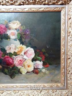 Large antique oil on canvas painting, bouquet of roses, signed, circa 1890-1910