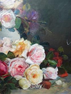 Large antique oil on canvas painting, bouquet of roses, signed, circa 1890-1910