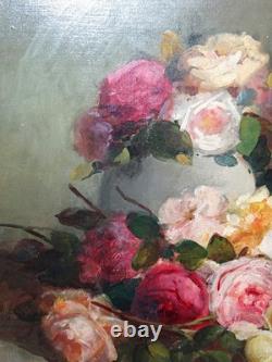 Large antique oil on canvas painting, bouquet of roses, signed, circa 1890-1910