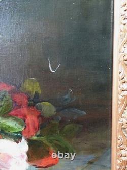 Large antique oil on canvas painting, bouquet of roses, signed, circa 1890-1910