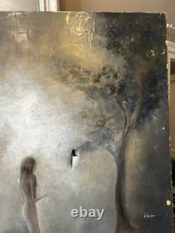 Large oil on canvas, signed, antique, depicting a woman and a tree