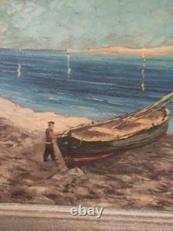 Large old painting oil on canvas by LENDAL marine with character