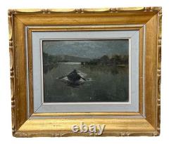 Léon Broquet Old Signed Oil Painting Romantic Boat in Moonlight