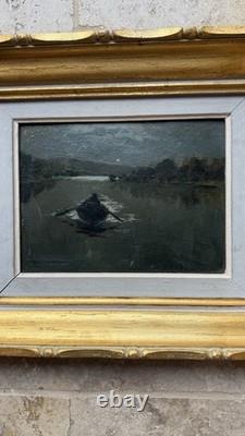 Léon Broquet Old Signed Oil Painting Romantic Boat in Moonlight