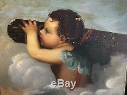 Love In Clouds Oil On Canvas Painting XIX Century Old Angel Hst