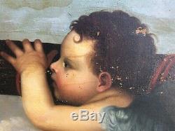 Love In Clouds Oil On Canvas Painting XIX Century Old Angel Hst