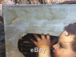 Love In Clouds Oil On Canvas Painting XIX Century Old Angel Hst
