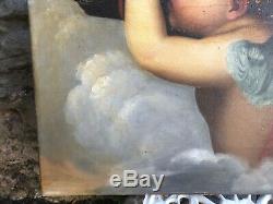 Love In Clouds Oil On Canvas Painting XIX Century Old Angel Hst