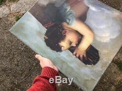 Love In Clouds Oil On Canvas Painting XIX Century Old Angel Hst