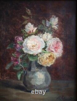 Mariette Romiée, Liège, Xix-xxe, Antique Painting, Bouquet Roses, Oil On Canvas