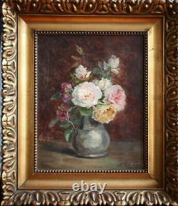 Mariette Romiée, Liège, Xix-xxe, Antique Painting, Bouquet Roses, Oil On Canvas