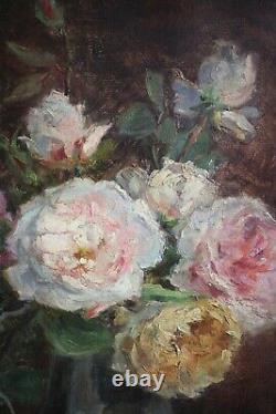 Mariette Romiée, Liège, Xix-xxe, Antique Painting, Bouquet Roses, Oil On Canvas