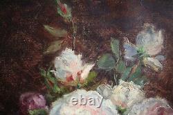 Mariette Romiée, Liège, Xix-xxe, Antique Painting, Bouquet Roses, Oil On Canvas