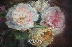 Mariette Romiée, Liège, Xix-xxe, Antique Painting, Bouquet Roses, Oil On Canvas