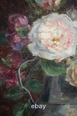 Mariette Romiée, Liège, Xix-xxe, Antique Painting, Bouquet Roses, Oil On Canvas