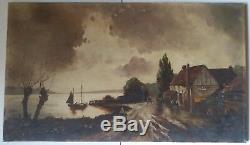 Marine Barbizon Oil On Canvas 1900 Antique Painting Sea Landscape