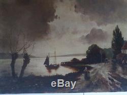 Marine Barbizon Oil On Canvas 1900 Antique Painting Sea Landscape