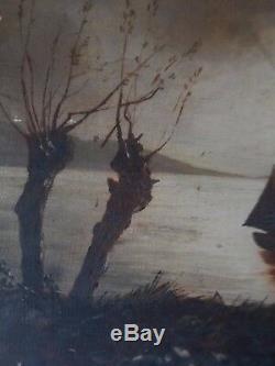 Marine Barbizon Oil On Canvas 1900 Antique Painting Sea Landscape