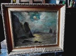 Marine oil painting on canvas XIX century sunset signed