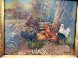 N. Winston. Oil On Panel Ancient Scene Chickens And Roosters Sign Beautiful Frame