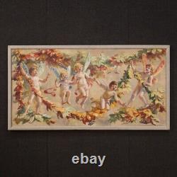 Naive painting vintage oil canvas in ancient style cherubs 20th century