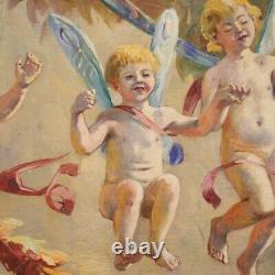 Naive painting vintage oil canvas in ancient style cherubs 20th century