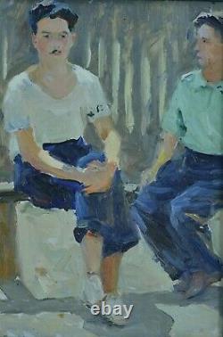 Nice Painting Old Portrait Two Men Sitting On A Signed Russian School Bench