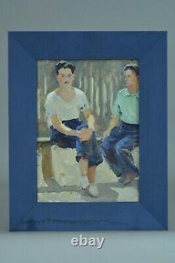 Nice Painting Old Portrait Two Men Sitting On A Signed Russian School Bench