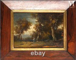 Nineteenth Century Old Landscape Painting: Peasant Woman at the Edge of the Woods